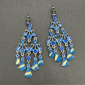 Blue Foil and Gold Accent Statement Chandelier Earrings - Pierced